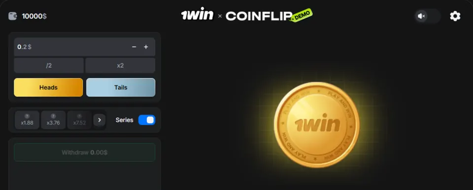 Доска 1win × COINFLIP в демо-режиме — Heads и Tails, цепочка x1.88 / x3.76 / x7.52, переключатель Series и кнопка Withdraw 0.00$