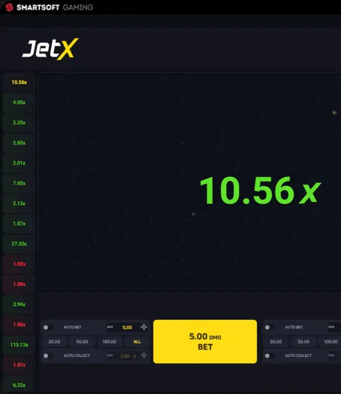 1Win JetX predictor — official DMO crash graph and stake panel, no signal overlay