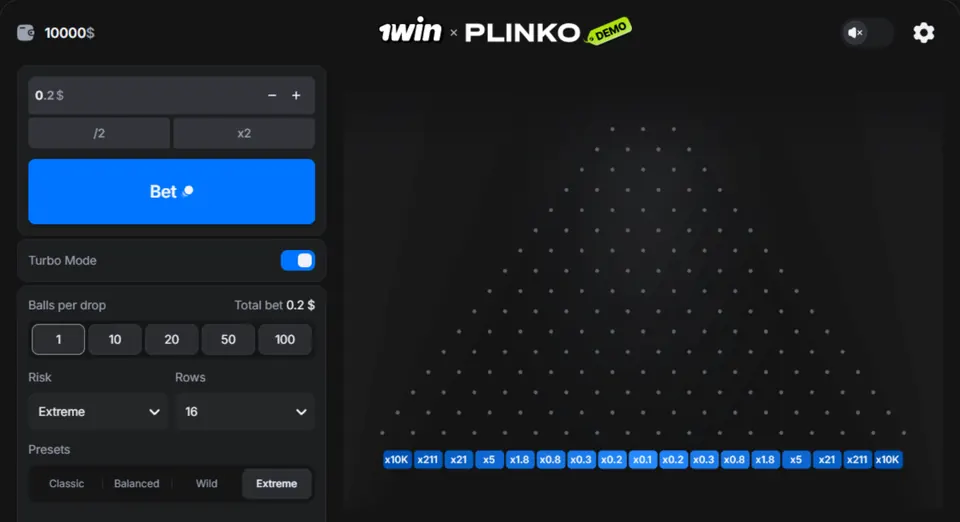 Доска 1win × PLINKO в демо-режиме — риск Extreme, 16 рядов, ряд выплат от x10K по краям до x0.1 в центре