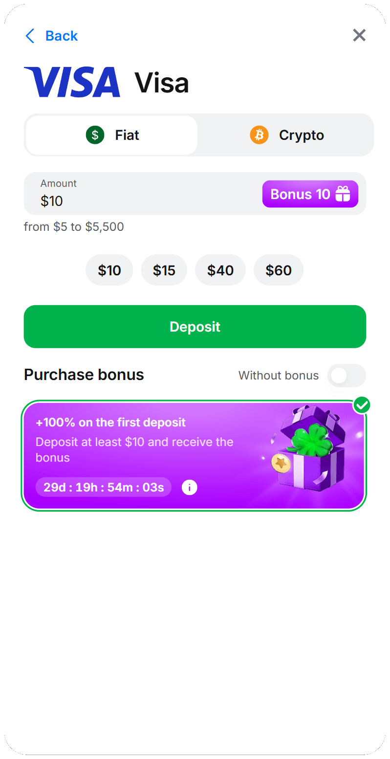 1Win minimum deposit — official Visa USD card +100%, min $10