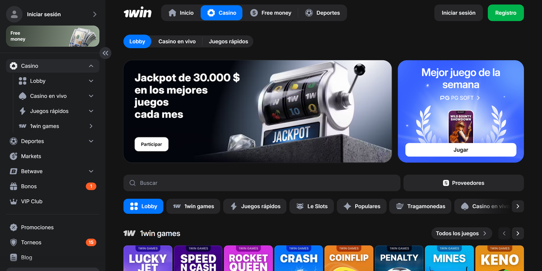Casino 1Win — lobby oficial en español: pestañas Lobby / Casino en vivo / Juegos rápidos y fila 1win games