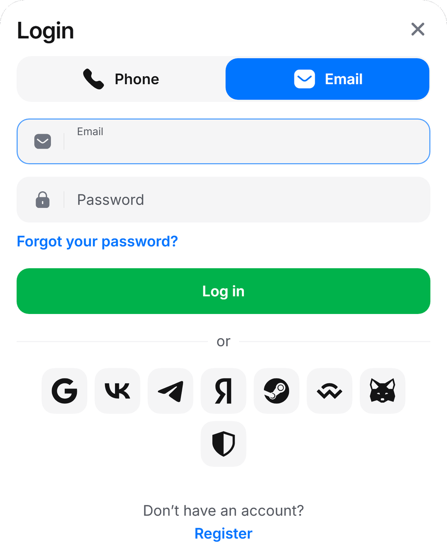 1Win login — official Email tab, empty email and password, no promo code field