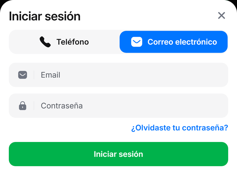 Inicio de sesión 1Win — modal oficial en español: pestaña Correo electrónico, campos vacíos, sin campo de código