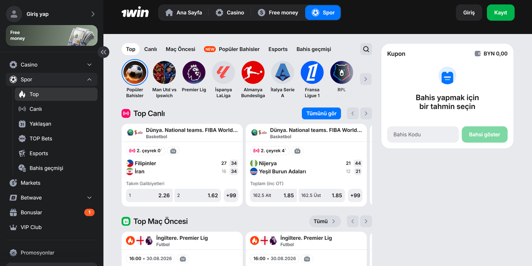 1Win spor bahisleri — Türkçe resmi lobi: Top Canlı, boş kupon ve «Bahis Kodu»