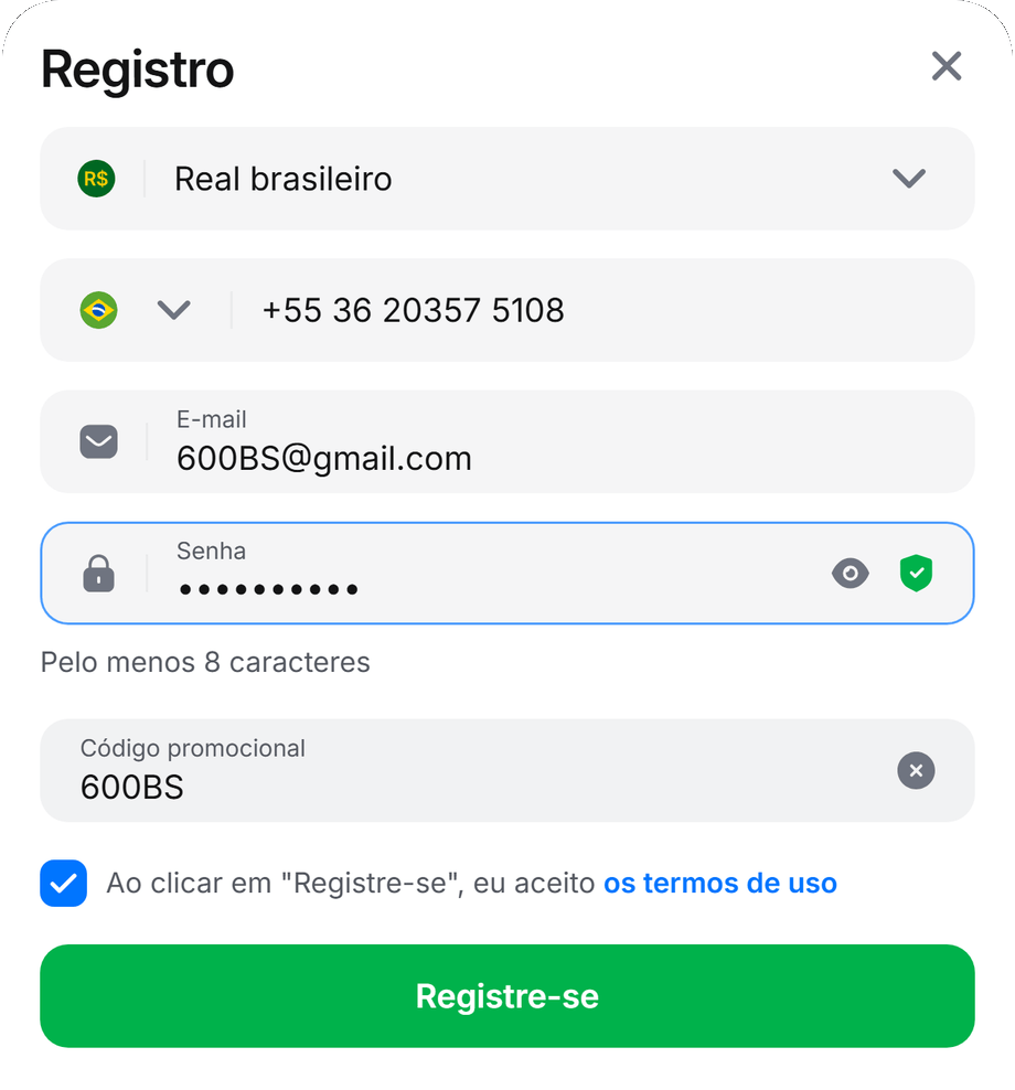 Cupom 1Win 600BS — cadastro em real, DDI +55, campo de cupom