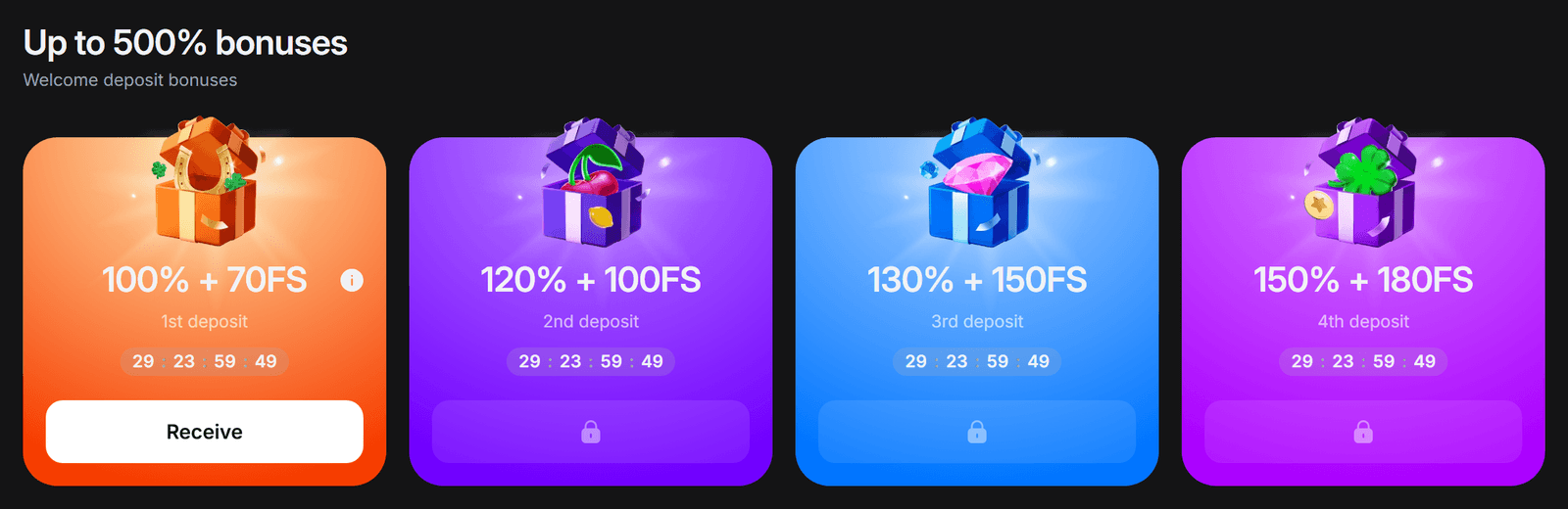1Win welcome bonus 500% + 500 FS official cards: 100% + 70 FS, 120%, 130%, 150%, promo 600BS at registration