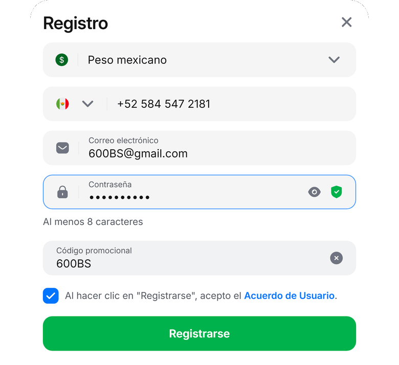 Código 1Win 600BS — formulario Registro, campo de código promocional