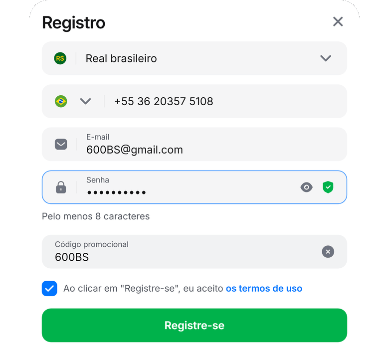 Cupom 1Win 600BS — formulário oficial de cadastro, campo Código promocional, botão Registre-se