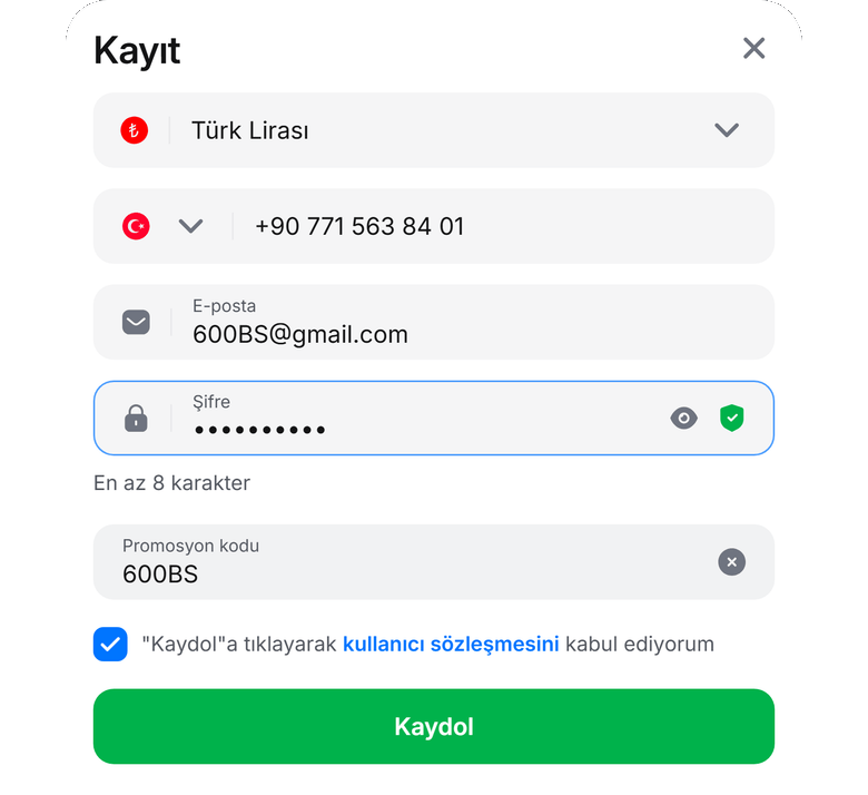 1Win promosyon kodu 600BS — resmi kayıt formu, kod alanı, Kaydol aktif