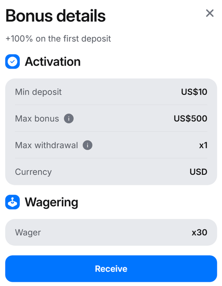 1Win USD first-deposit card +100%, min $10, max $500, promo 600BS at registration