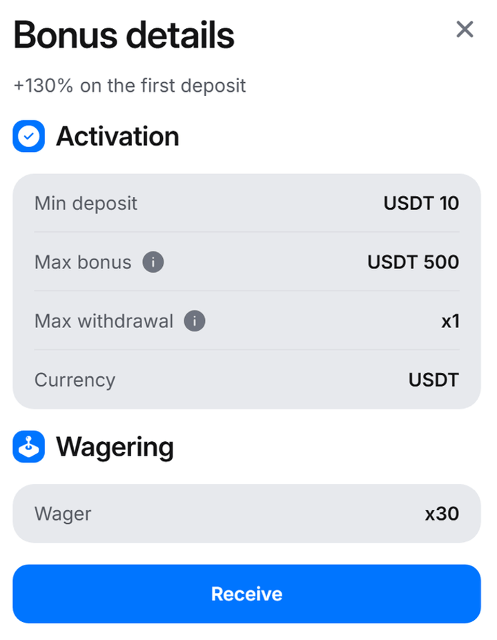 1Win USDT first-deposit card +130%, min USDT 10, max USDT 500, promo 600BS at registration