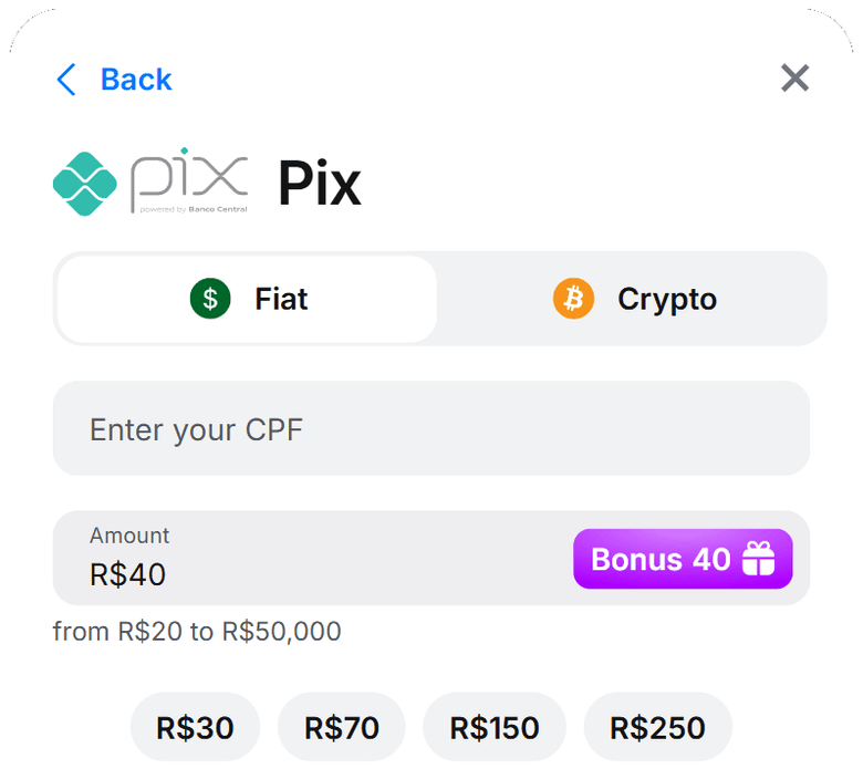 Depósito Pix 1Win — formulário oficial CPF vazio, envio de R$ 20 a R$ 50.000