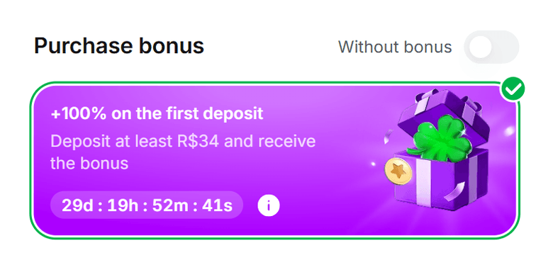 Primeiro depósito Pix 1Win — cartão oficial +100%, a partir de R$ 34