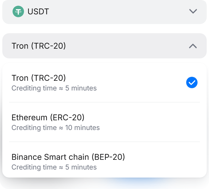 1Win USDT networks — official Tron TRC-20 selected, Ethereum ERC-20, Binance BEP-20