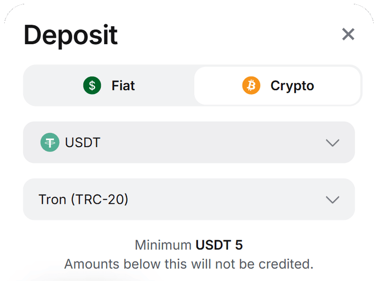 Пополнение 1Win в USDT — вкладка «Крипта», сеть Tron (TRC-20) и строка «Minimum USDT 5»