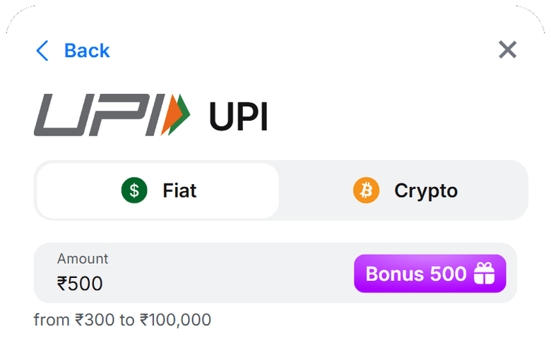 1Win UPI deposit — official amount from ₹300 to ₹100,000, not a no-deposit bonus
