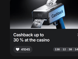 1Win cashback — official Promotions tile Cashback up to 30% at the casino