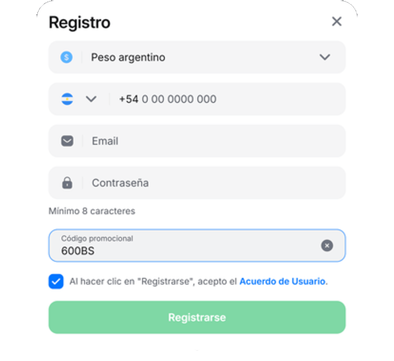 Código promo 1Win Argentina 600BS — formulario oficial Peso argentino +54, no un vale Mercado Pago