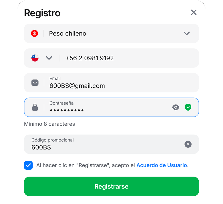 Código promo 1Win Chile 600BS — formulario oficial Peso chileno +56, no un vale Webpay