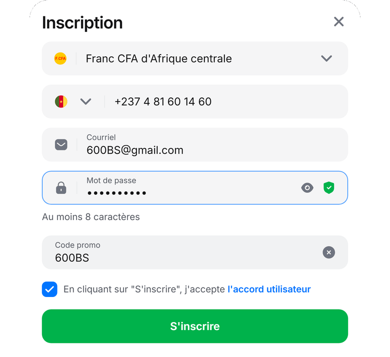 Code promo 1Win Cameroun 600BS — inscription officielle CFA +237, pas Orange Money
