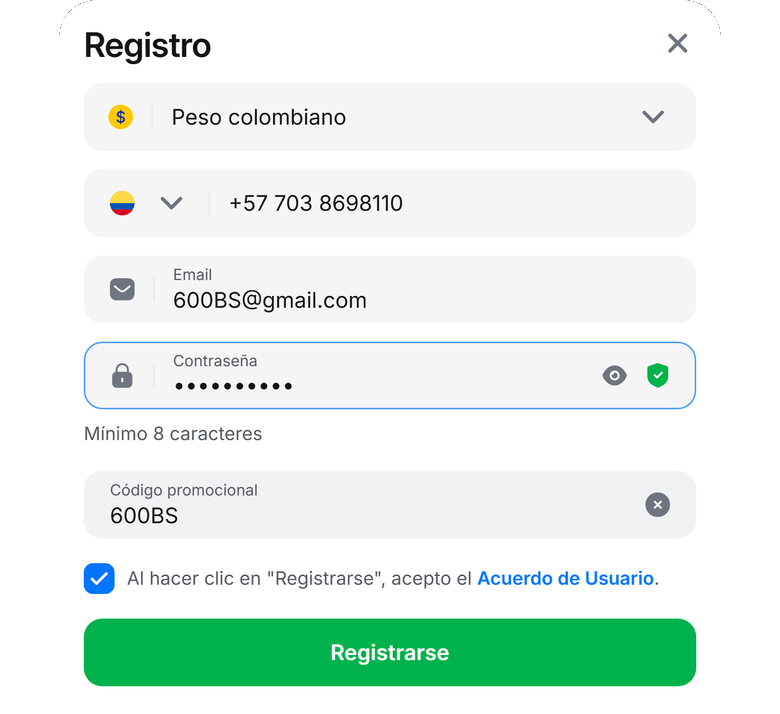 Código promo 1Win Colombia 600BS — formulario oficial Peso colombiano +57, no un vale PSE