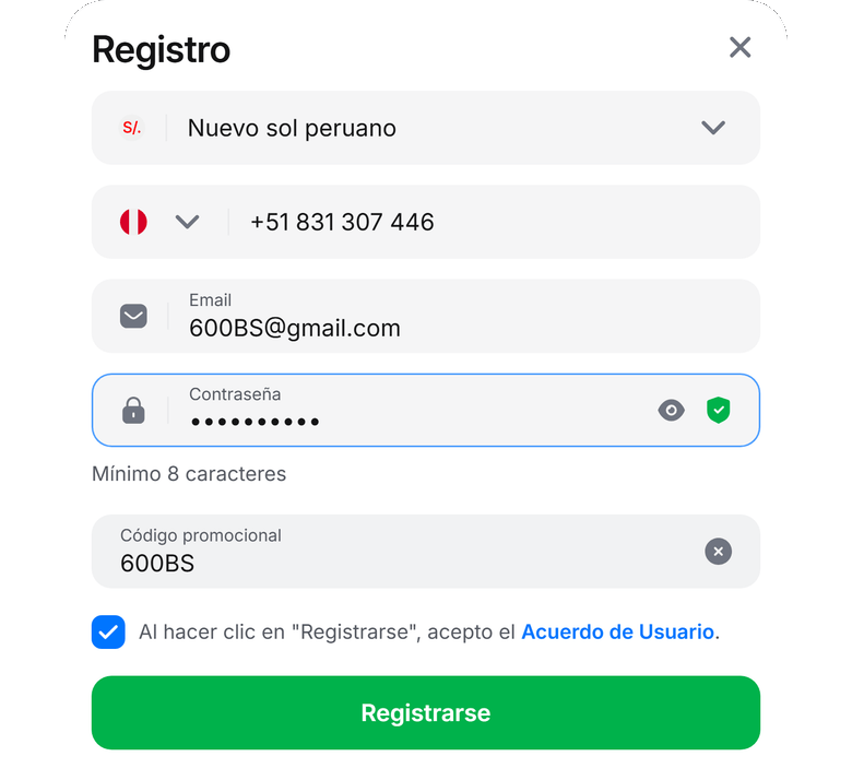 Código promo 1Win Perú 600BS — formulario oficial Nuevo sol peruano +51, no un vale Yape
