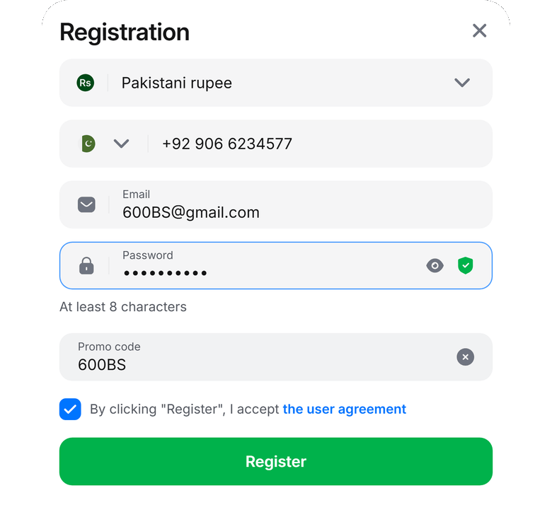 1Win promo code Pakistan 600BS — official PKR +92 registration form, not a JazzCash voucher