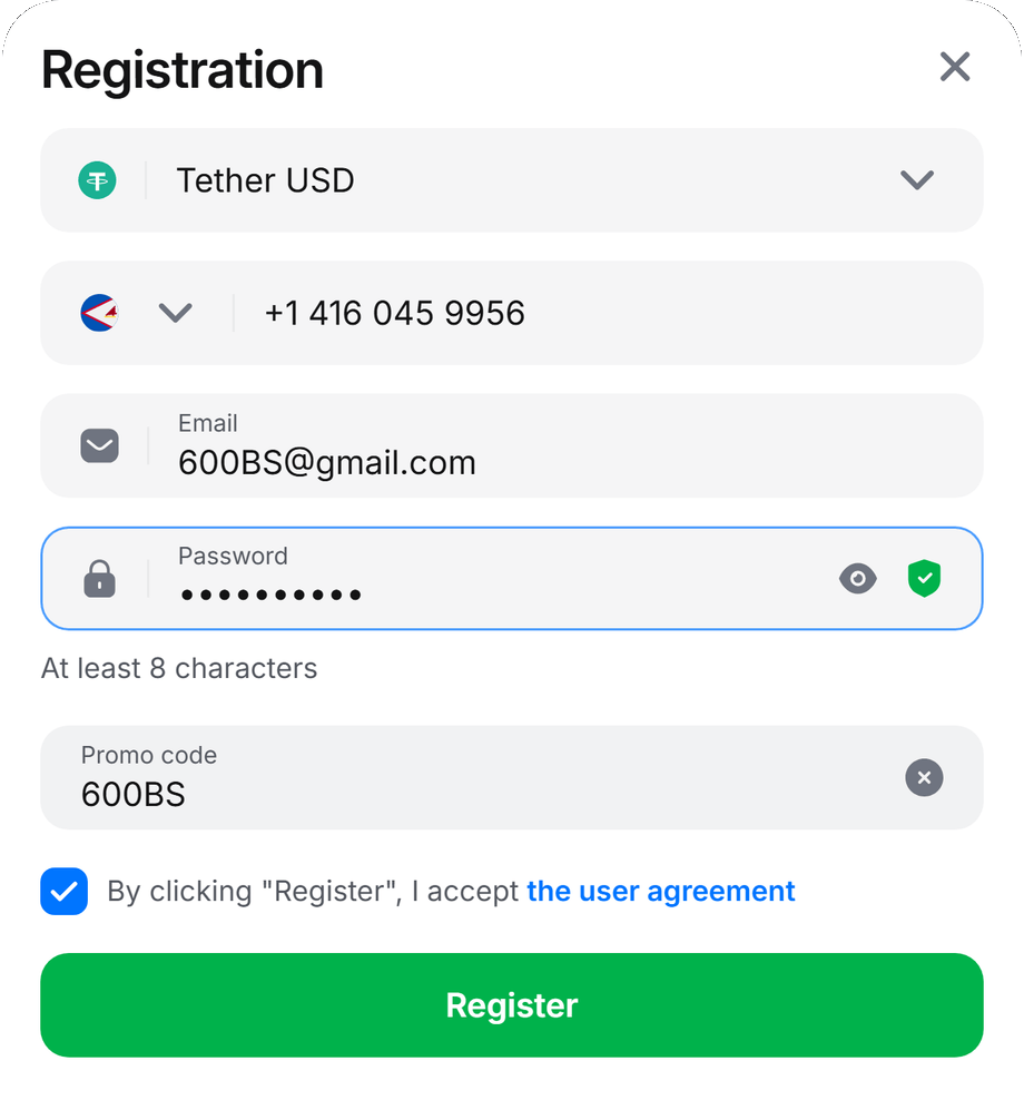 1Win Aviator promo code 600BS — official registration Promo code field, not a crash box