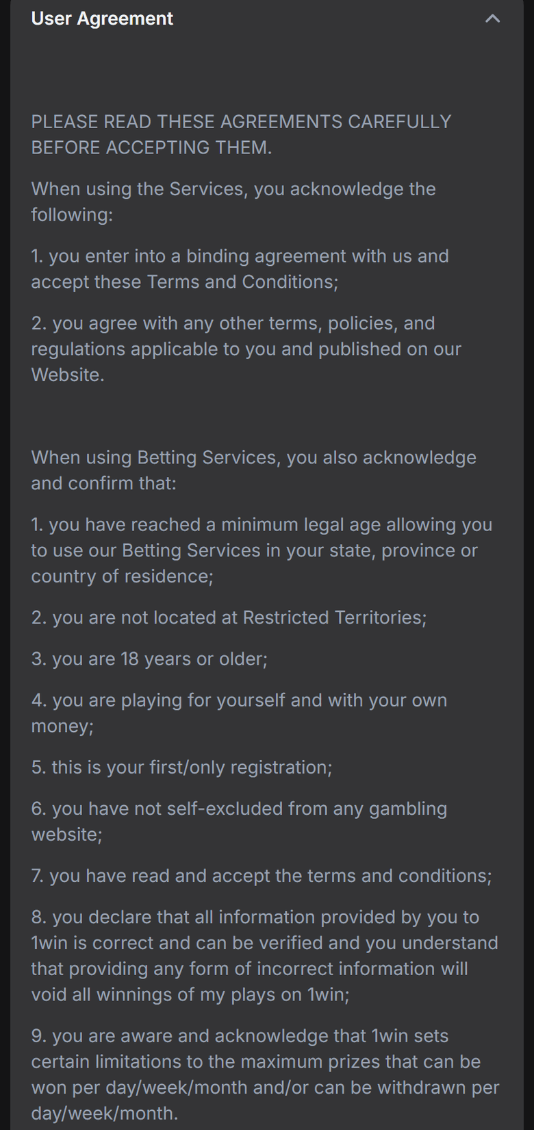 Is 1Win legit — official User Agreement, 18+ first registration, no licence number